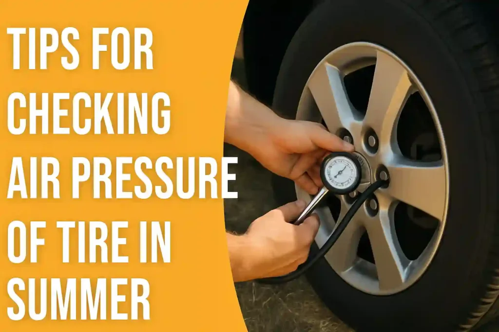 Tips for checking air pressure of tire in summer - Hand using tire pressure gauge on car wheel