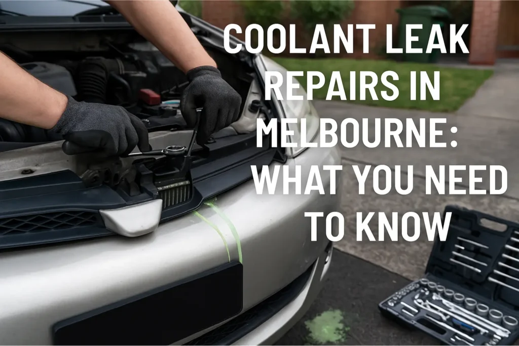 Mechanic performing coolant leak repairs in Melbourne on a silver car with green fluid visible on driveway