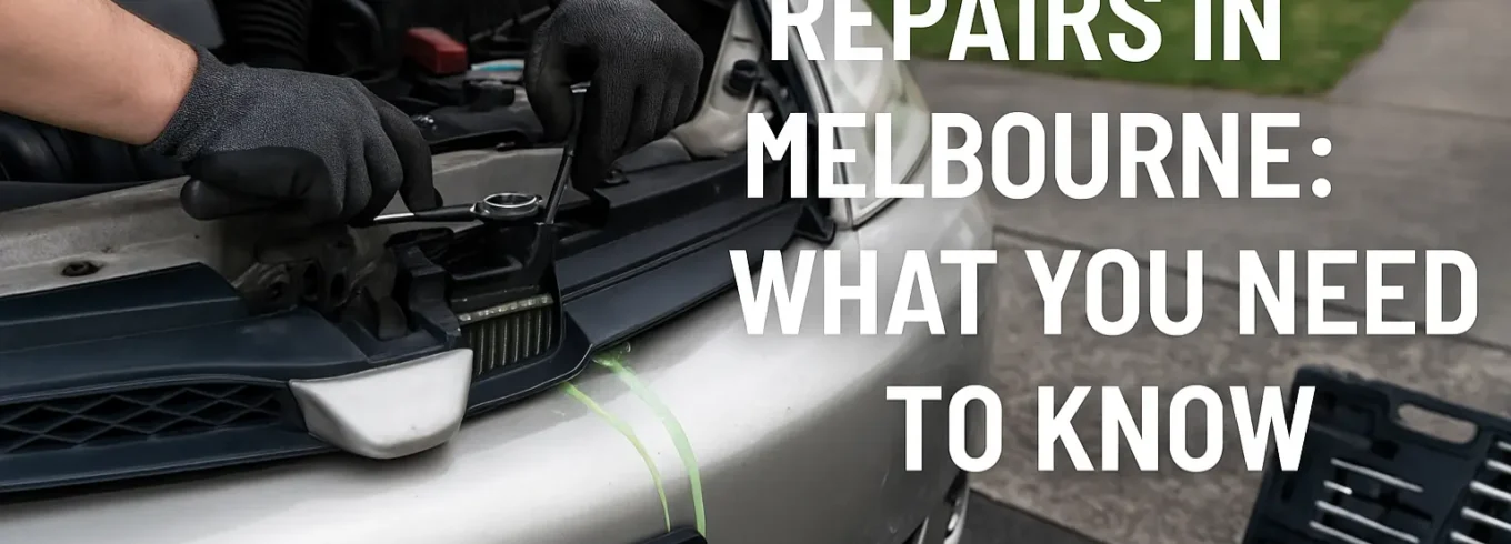 Mechanic performing coolant leak repairs in Melbourne on a silver car with green fluid visible on driveway