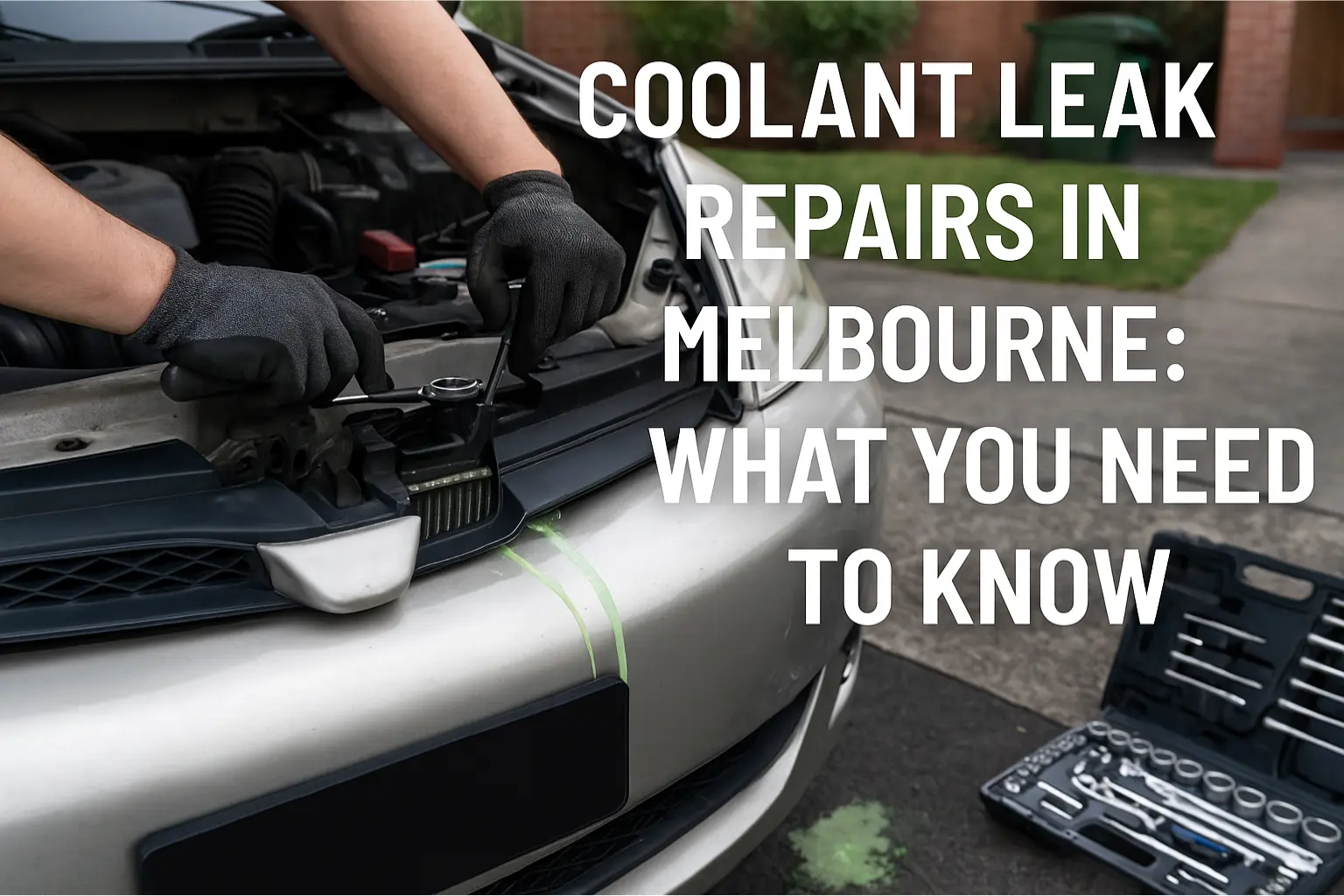 Mechanic performing coolant leak repairs in Melbourne on a silver car with green fluid visible on driveway