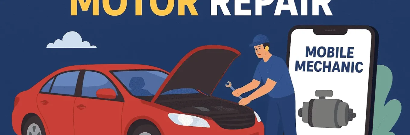 Cheap starter motor repair logo featuring car engine and wrench icon with mobile mechanic service branding, designed to attract customers.