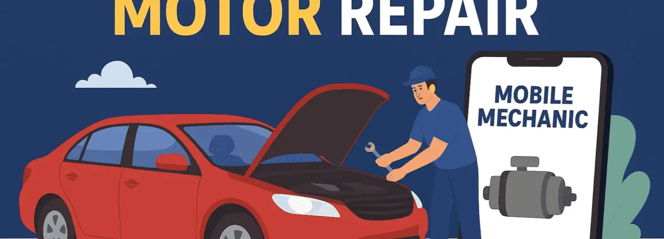 Cheap starter motor repair logo featuring car engine and wrench icon with mobile mechanic service branding, designed to attract customers.