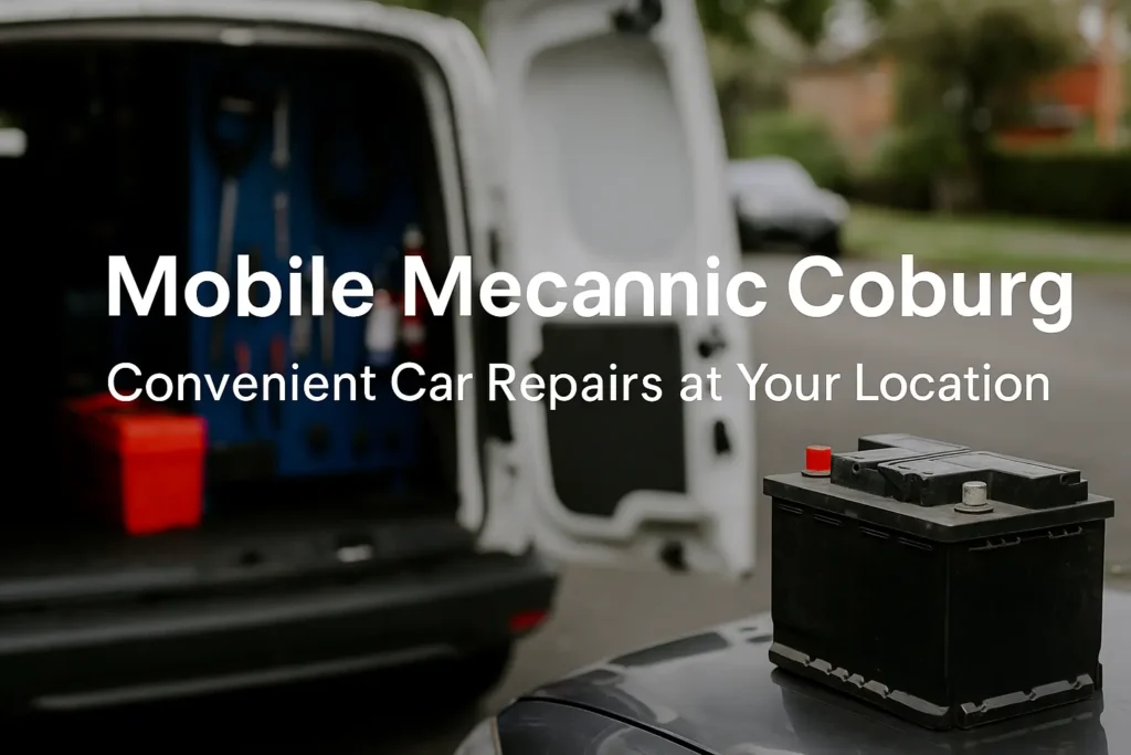 Mobile Mechanic Coburg van parked in suburban Melbourne driveway ready for on-site car repairs, Mobile mechanic in Coburg performing battery replacement service on location, Engine diagnostics being run by mobile car mechanic in Coburg Melbourne, On-site brake pad and rotor replacement by Coburg mobile mechanic, and Mobile auto electrician in Coburg fixing car lighting and wiring issues.