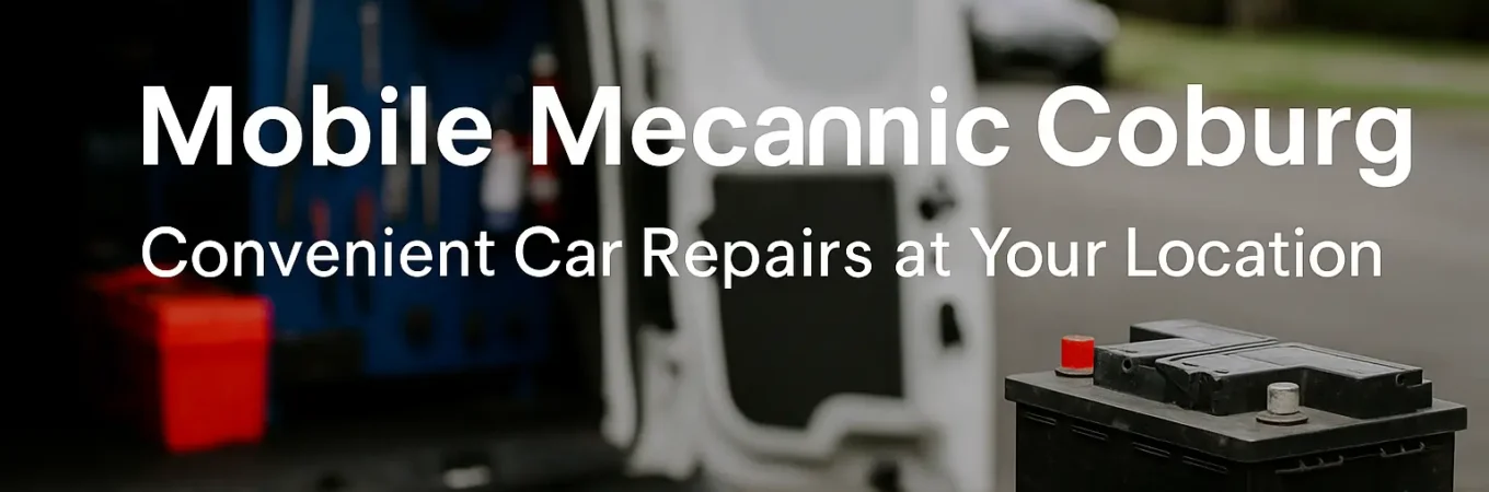 Mobile Mechanic Coburg van parked in suburban Melbourne driveway ready for on-site car repairs, Mobile mechanic in Coburg performing battery replacement service on location, Engine diagnostics being run by mobile car mechanic in Coburg Melbourne, On-site brake pad and rotor replacement by Coburg mobile mechanic, and Mobile auto electrician in Coburg fixing car lighting and wiring issues.