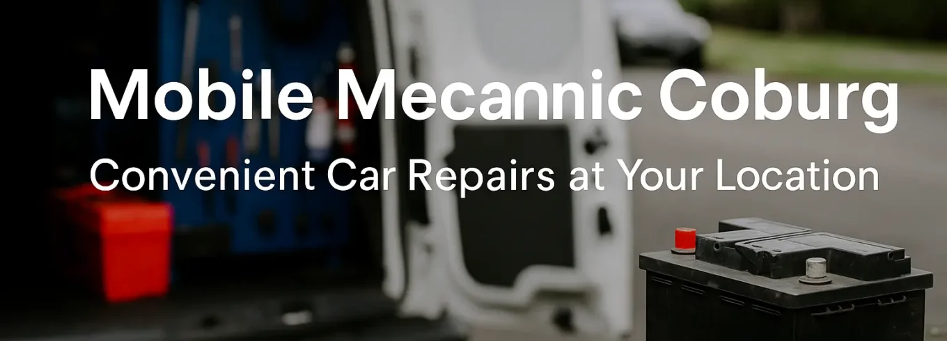 Mobile Mechanic Coburg van parked in suburban Melbourne driveway ready for on-site car repairs, Mobile mechanic in Coburg performing battery replacement service on location, Engine diagnostics being run by mobile car mechanic in Coburg Melbourne, On-site brake pad and rotor replacement by Coburg mobile mechanic, and Mobile auto electrician in Coburg fixing car lighting and wiring issues.