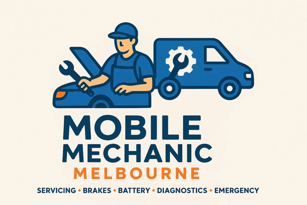 Logo for Mobile Mechanic Melbourne featuring a mechanic working on a car with a repair van beside him. The design includes bold text 'Mobile Mechanic Melbourne' in blue and orange, with service highlights such as servicing, brakes, battery, diagnostics, and emergency.