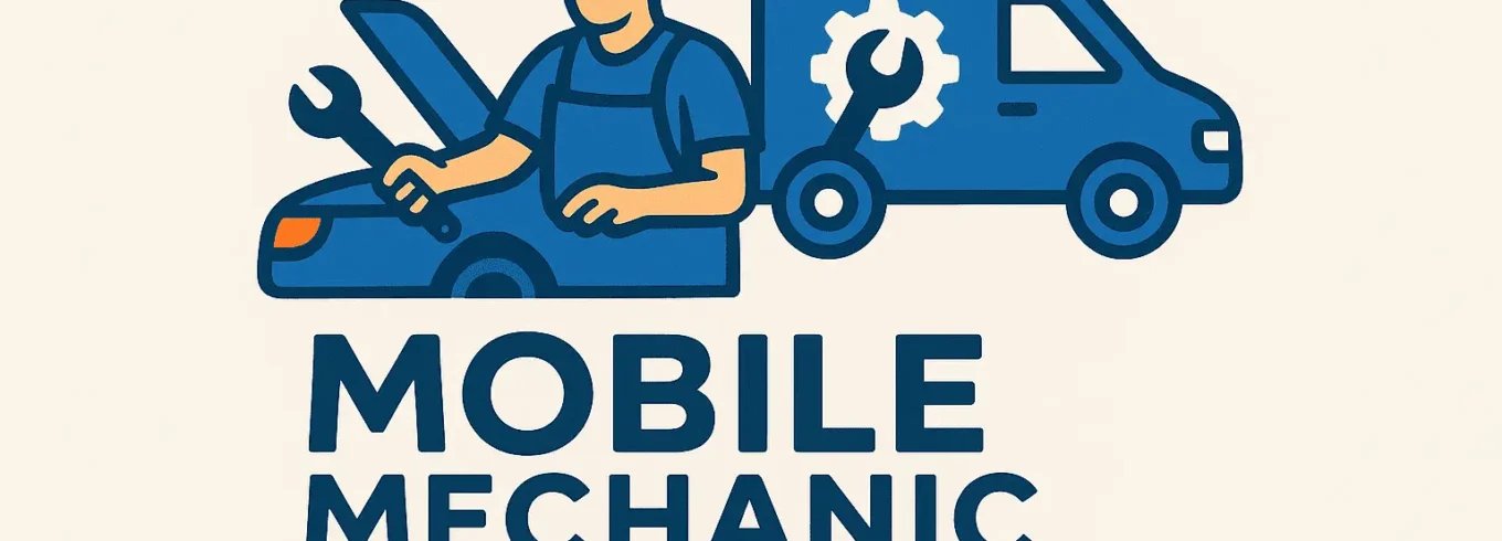 Logo for Mobile Mechanic Melbourne featuring a mechanic working on a car with a repair van beside him. The design includes bold text 'Mobile Mechanic Melbourne' in blue and orange, with service highlights such as servicing, brakes, battery, diagnostics, and emergency.