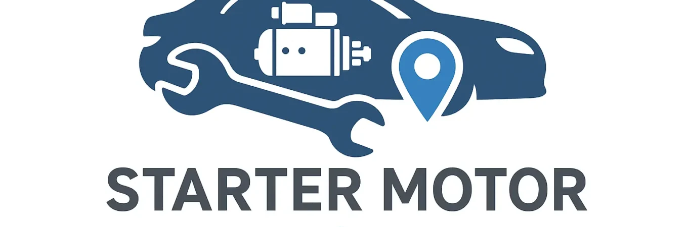 Starter motor replacement logo with car engine icon and mobile mechanic service branding