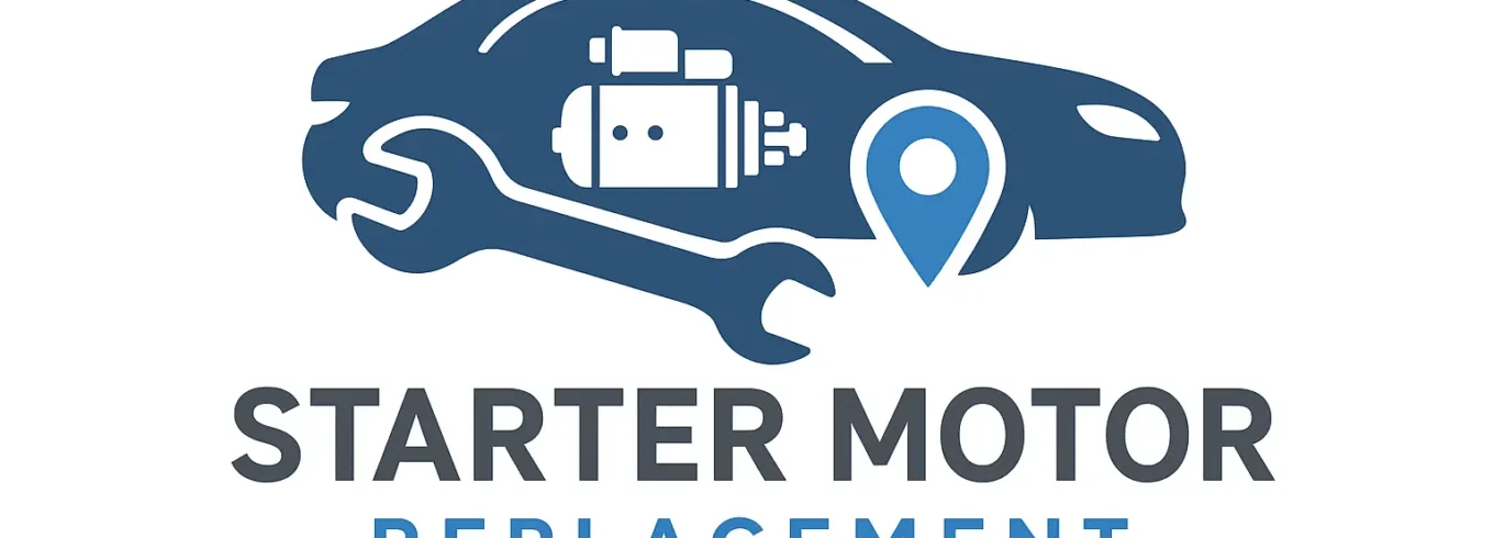 Starter motor replacement logo with car engine icon and mobile mechanic service branding