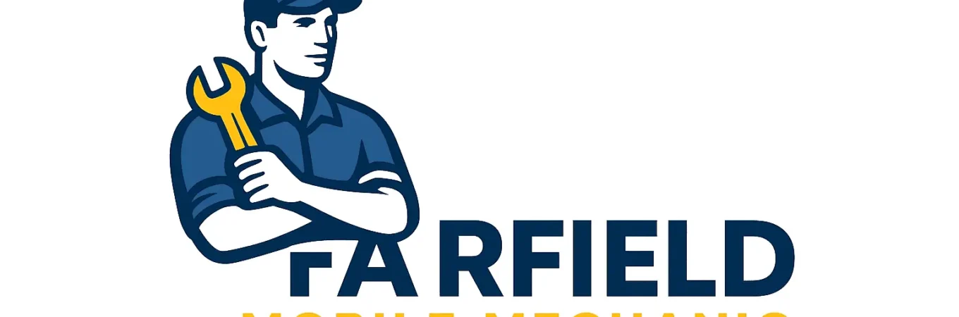 Fairfield Mobile Mechanic logo featuring a navy-blue mechanic holding a yellow wrench next to the bold text ‘Fairfield Mobile Mechanic’ on a white background.