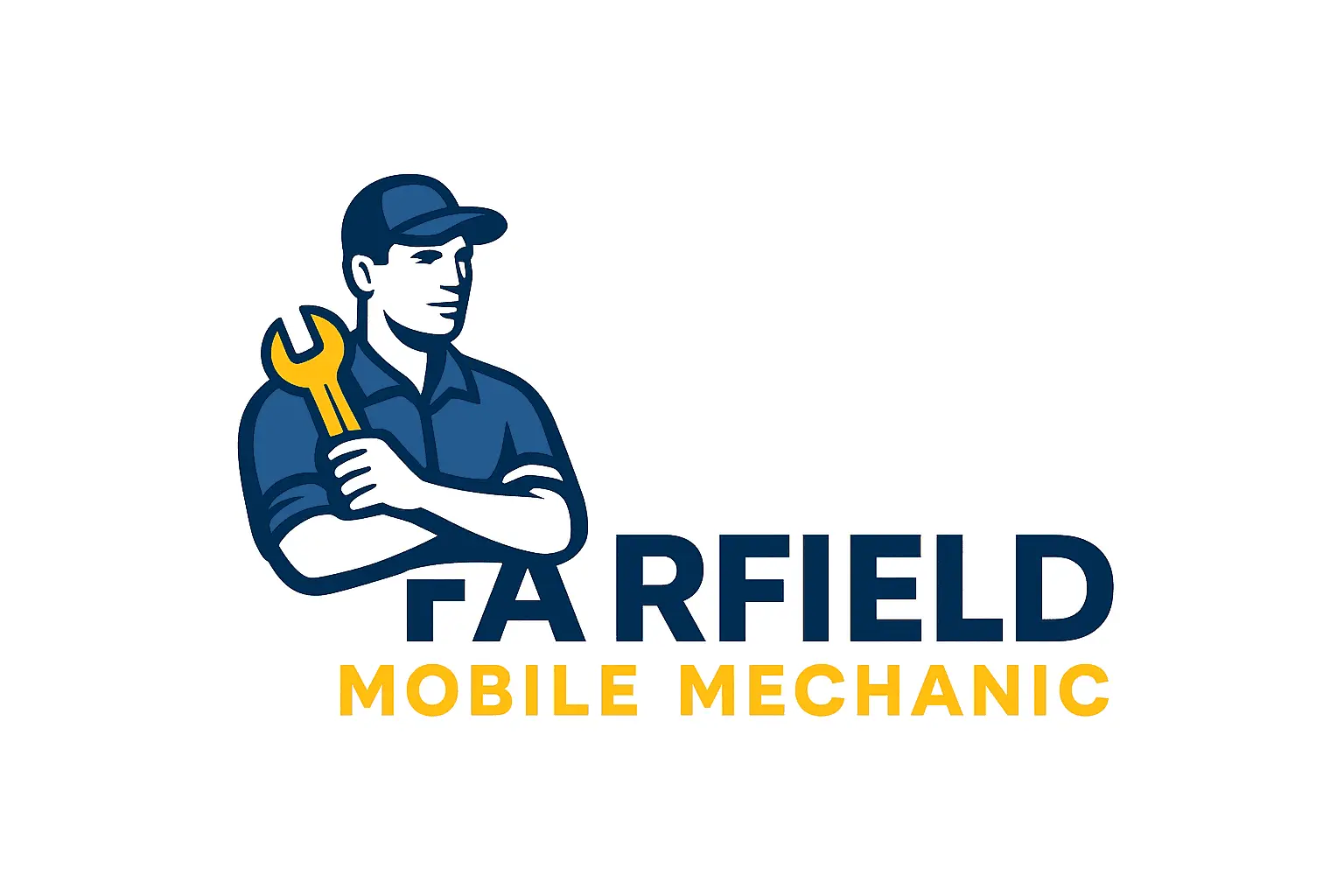 Fairfield Mobile Mechanic logo featuring a navy-blue mechanic holding a yellow wrench next to the bold text ‘Fairfield Mobile Mechanic’ on a white background.