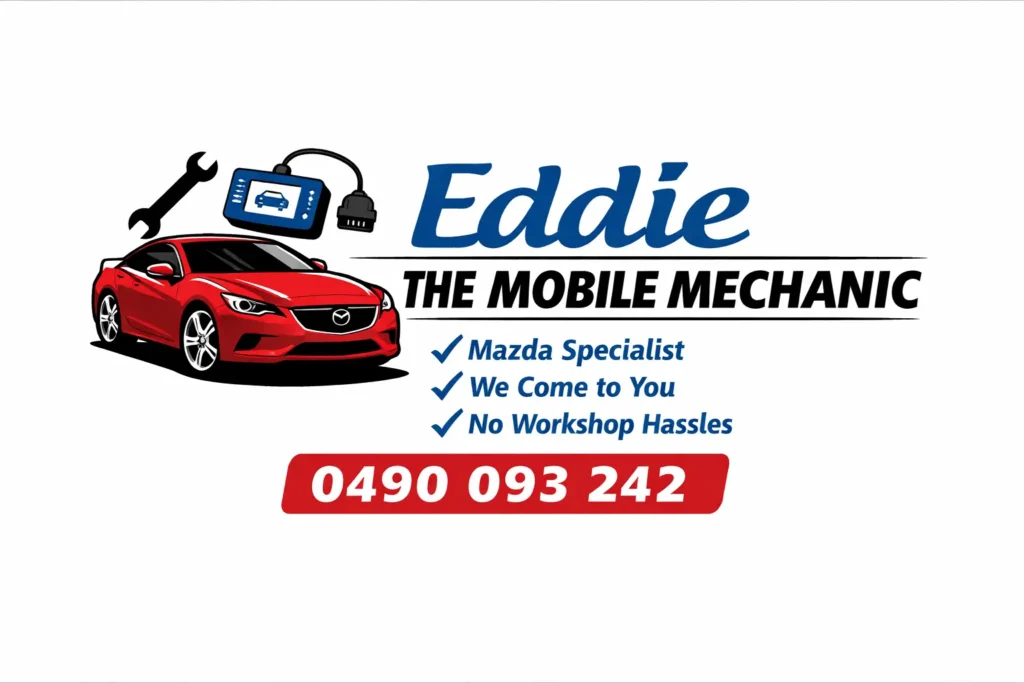Eddie the Mobile Mechanic Mazda specialist logo with phone number 0490 093 242 offering mobile car service in Reservoir and nearby suburbs.