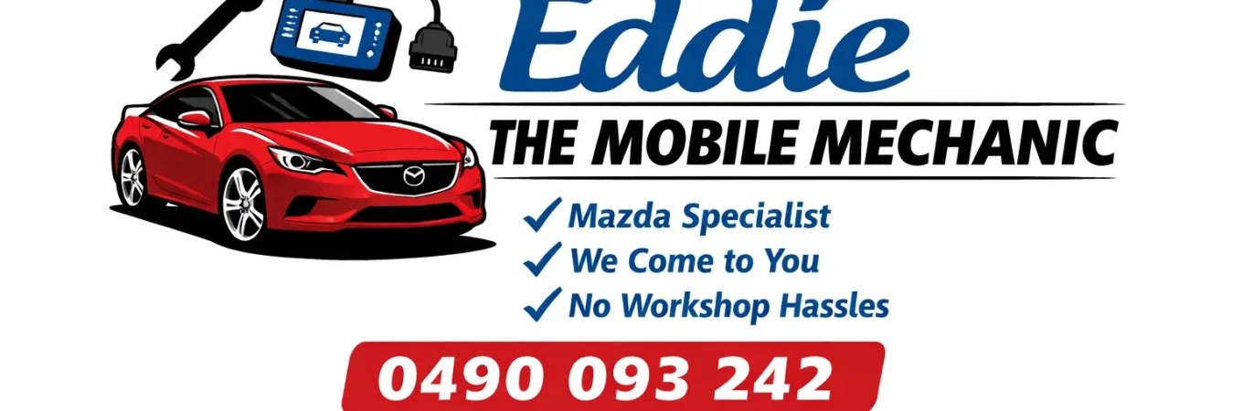 Eddie the Mobile Mechanic Mazda specialist logo with phone number 0490 093 242 offering mobile car service in Reservoir and nearby suburbs.