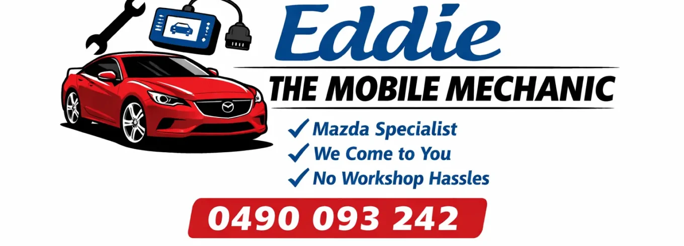 Eddie the Mobile Mechanic Mazda specialist logo with phone number 0490 093 242 offering mobile car service in Reservoir and nearby suburbs.