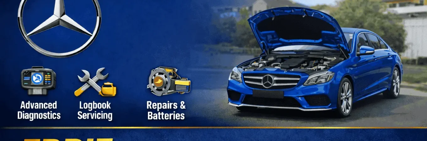 Blue Mercedes-Benz with open hood in suburban street, showcasing Eddie the Mobile Mechanic services including diagnostics, logbook servicing, repairs, and batteries, with contact number 0490 093 242.