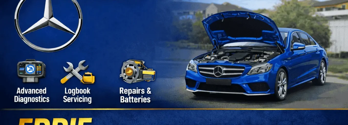 Blue Mercedes-Benz with open hood in suburban street, showcasing Eddie the Mobile Mechanic services including diagnostics, logbook servicing, repairs, and batteries, with contact number 0490 093 242.