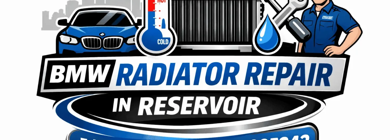 BMW Radiator Repair in Reservoir logo featuring Eddie the Mobile Mechanic with phone number 0490093242 for fast local radiator service.