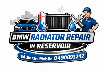 BMW Radiator Repair in Reservoir logo featuring Eddie the Mobile Mechanic with phone number 0490093242 for fast local radiator service.